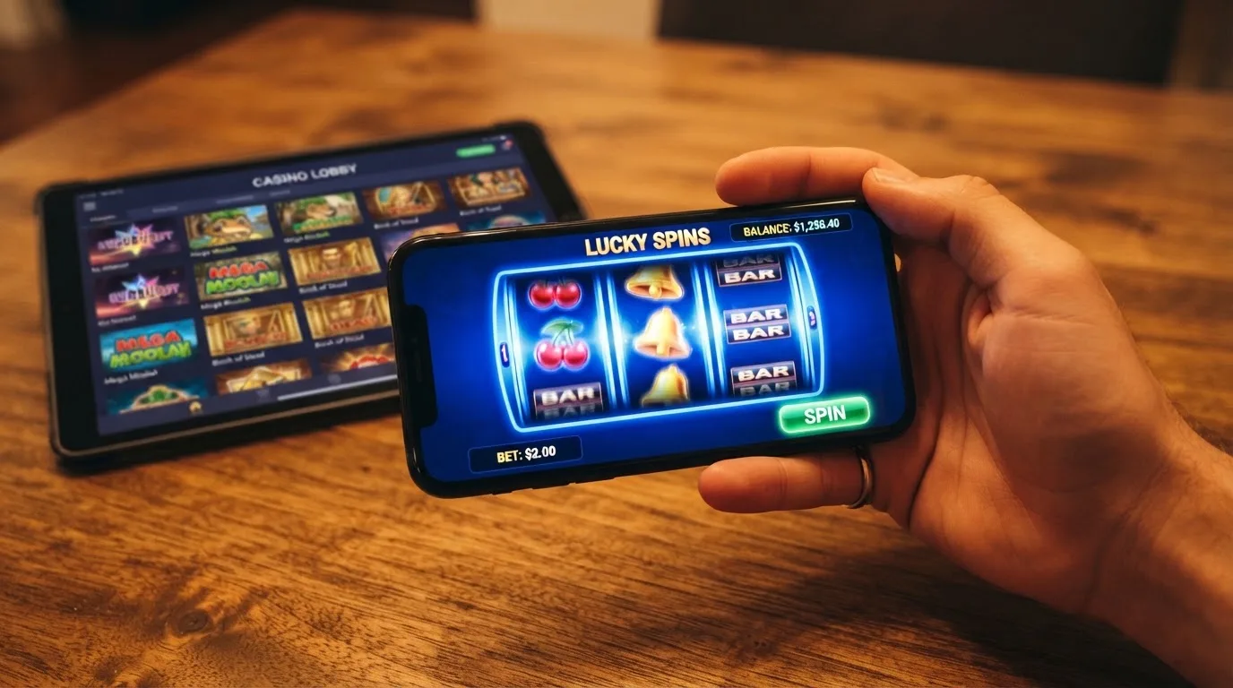Mobilní telefon na šířku s roztočeným automatem, v pozadí lobby s řadou ikon her