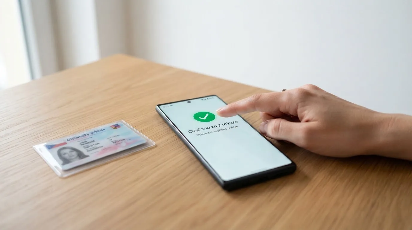 Obrazovka mobilního telefonu s rozhraním Bank iD — na displeji probíhá ověření totožnosti, vedle telefonu leží občanský průkaz a pod ním nápis „Ověřeno za 2 minuty“.