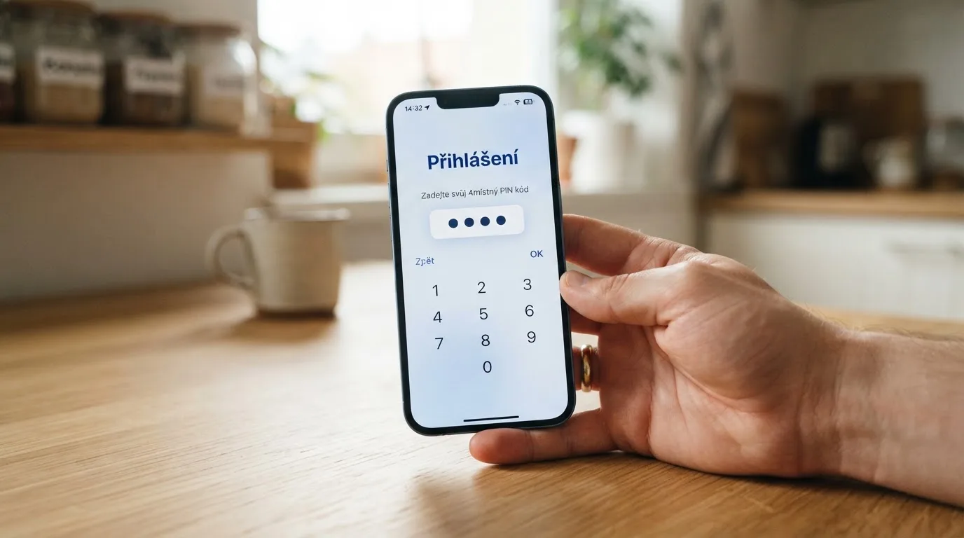 Mobilní telefon s obrazovkou přihlášení do bankovní aplikace Bank iD používané pro ověření totožnosti v online casinu