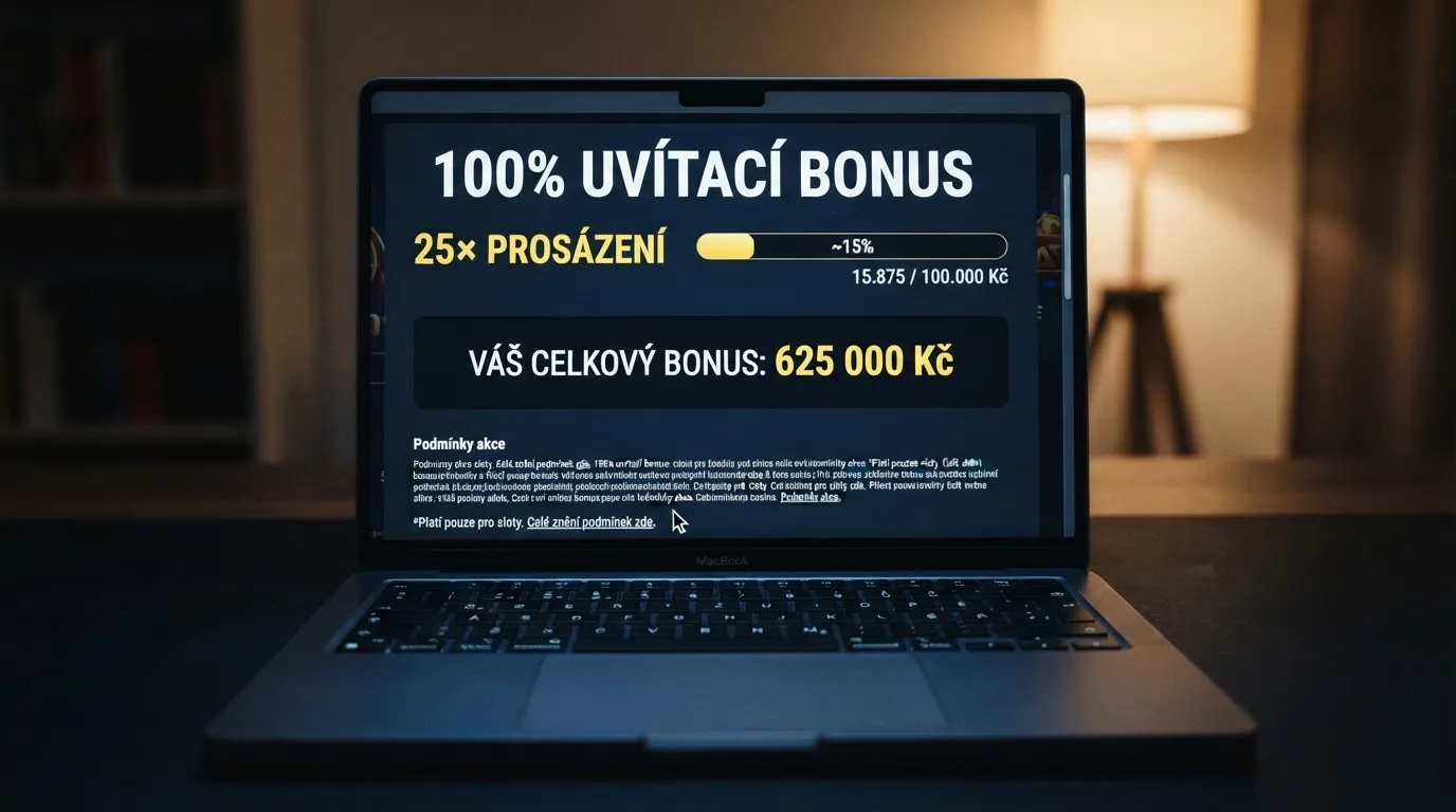 Detail uvítacího bonusu — procenta, částka, násobek protočení a datum platnosti — zvýrazněný na obrazovce s kurzorem myši ukazujícím na drobné písmo