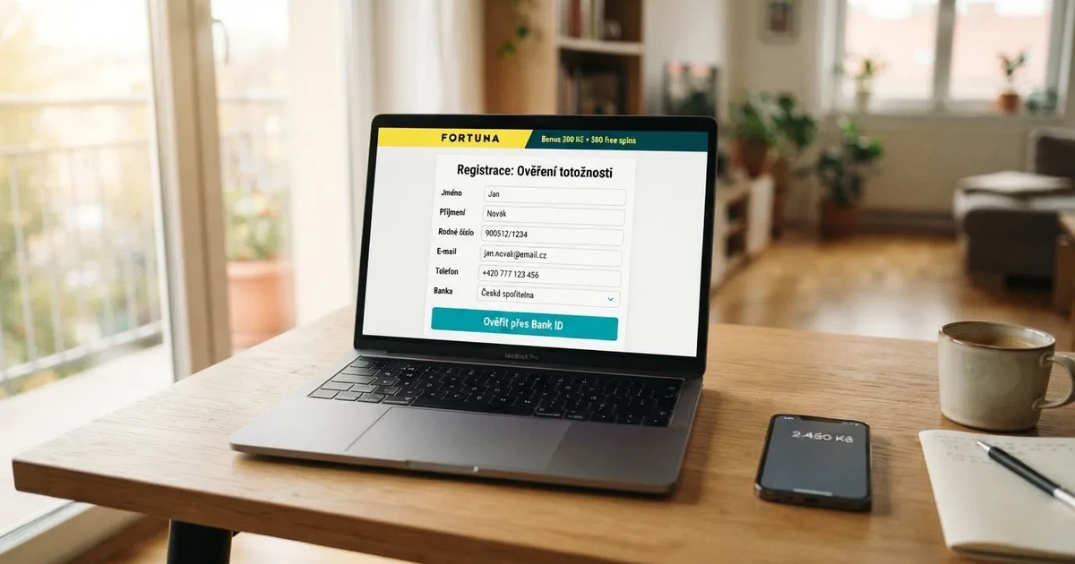 Obrazovka s rozhraním českého online casina zobrazující registrační formulář s možností ověření přes Bank iD a nabídkou bonusu za registraci