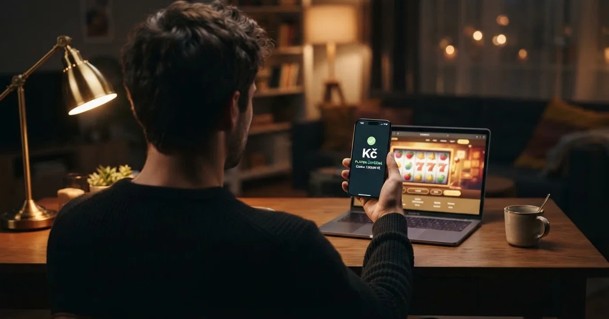 Hráč s mobilem a notebookem, na obrazovce potvrzení okamžitého výběru z online casina