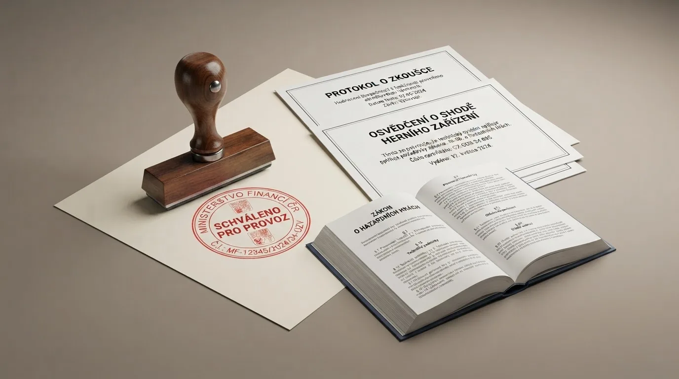 Úřední razítko a dokumentace položené vedle otevřeného zákona č. 186/2016 Sb. — symbol certifikačního procesu, kterým prochází každá hra v ČR.