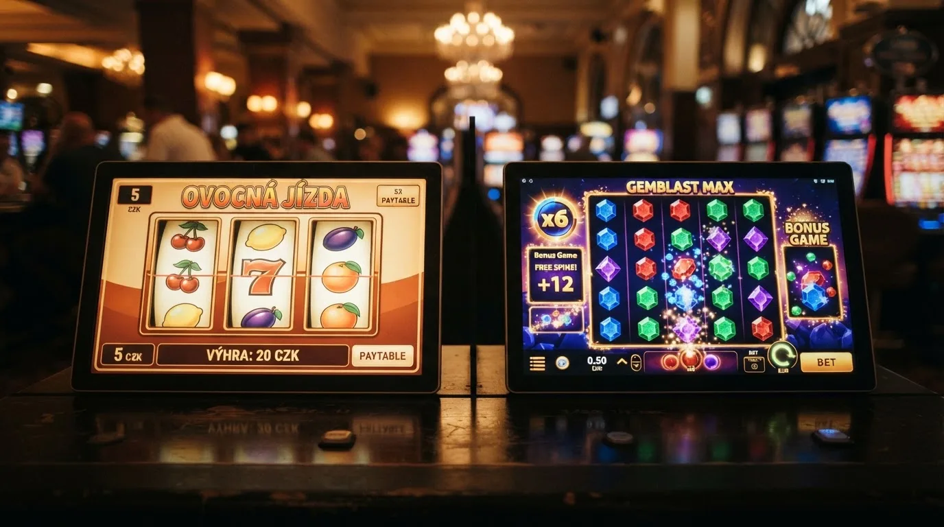 Rozdělená obrazovka: vlevo klasický český automat s ovocnými symboly, vpravo moderní mezinárodní slot s kaskádovými výhrami a bonusovou hrou.