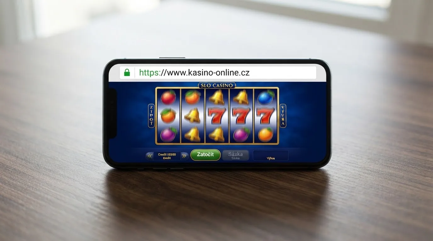 Mobilní telefon zobrazující casino hru s viditelným symbolem zámku a nápisem .cz v adresním řádku