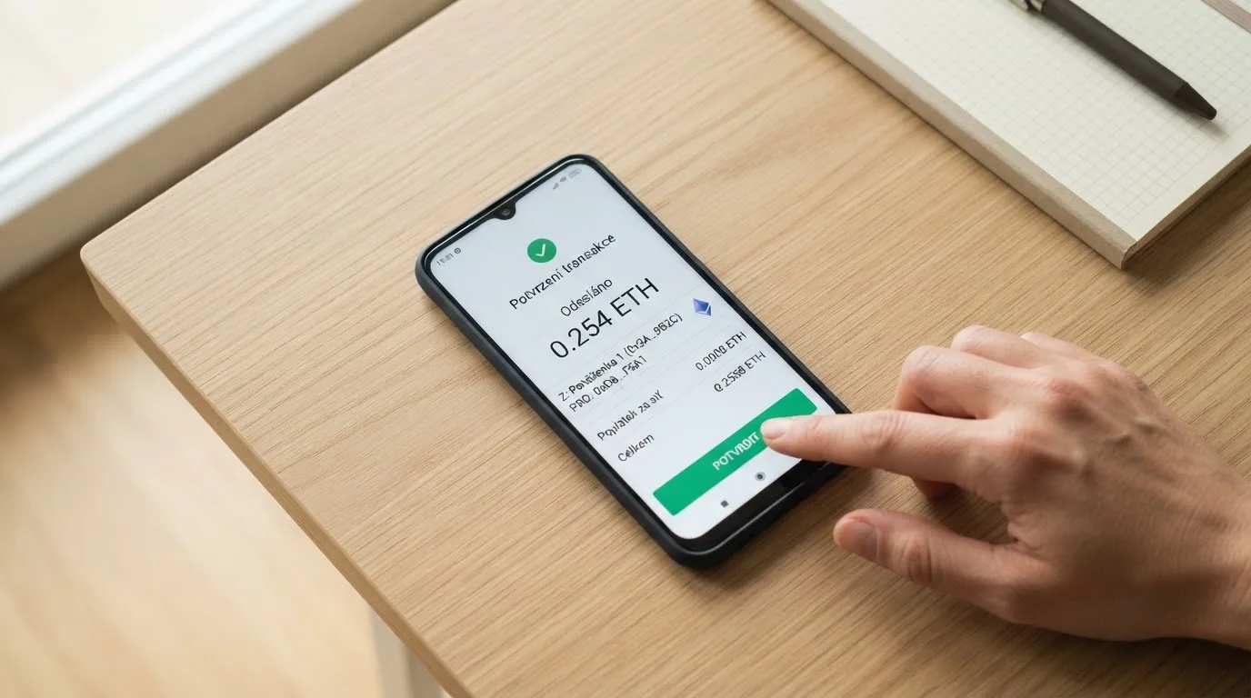 Mobilní telefon s otevřenou ethereovou peněženkou a potvrzením transakce do kasina