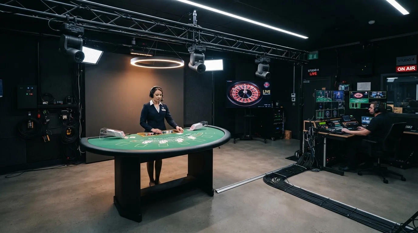 Herní studio Evolution Gaming — kamery, osvětlený stůl a krupiér při vysílání živé hry