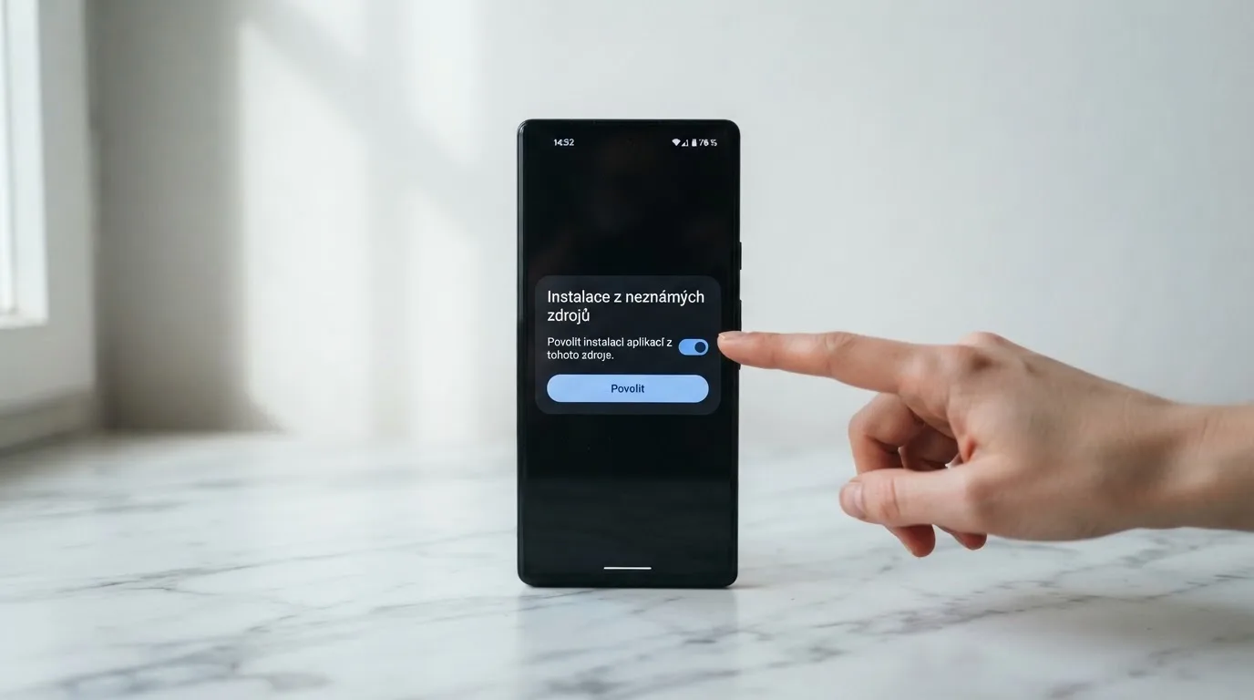 Displej telefonu s Androidem zobrazující dialog povolení instalace z neznámých zdrojů, vedle logo operátora