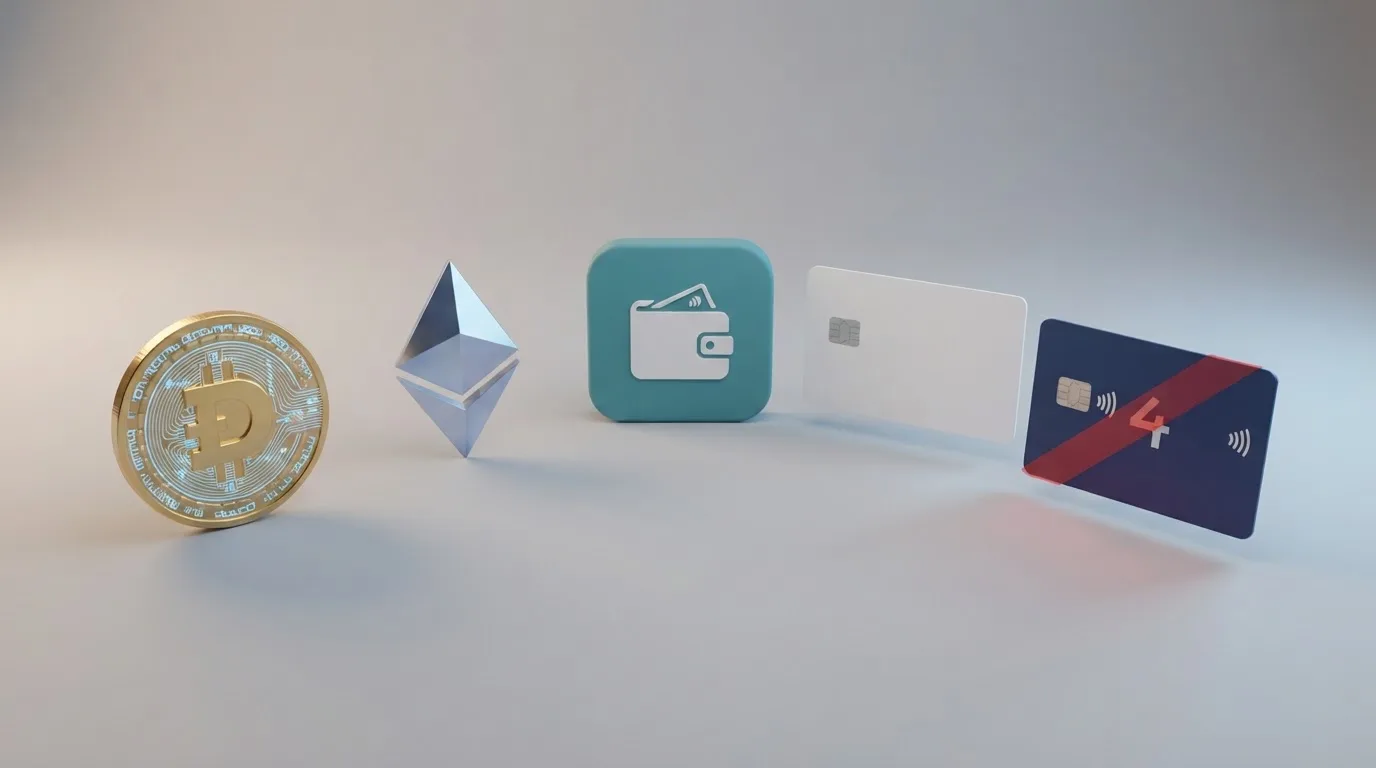Koláž symbolů platebních metod — ikona Bitcoinu, Etherea, loga Skrill a Neteller, platební karta — s naznačeným výstražným pásmem přes ikonu bankovního převodu