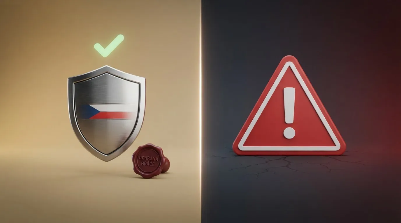 Rozcestník dvou cest — vlevo symbol české vlajky a razítka MF ČR s nápisem „ochrana hráče“, vpravo varovný vykřičník u názvů nelicencovaných casin.