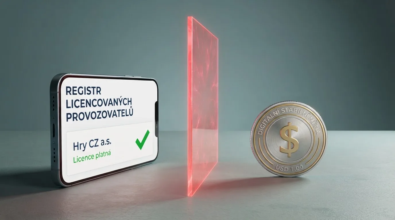 Úřední dokument s razítkem vedle loga kryptoměny — kontrast mezi českou licencí MF ČR a zahraniční licencí Curaçao