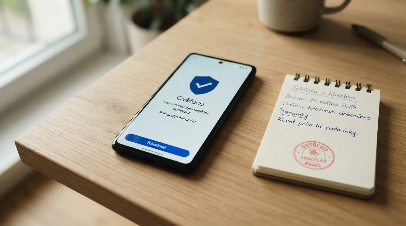 Úřední dokument s razítkem Ministerstva financí ČR a mobilní telefon s aplikací Bank iD