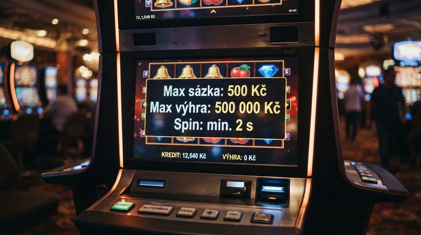 Detail rulety nebo automatu s překryvným textem limitů: max sázka 500 Kč, max výhra 500 000 Kč
