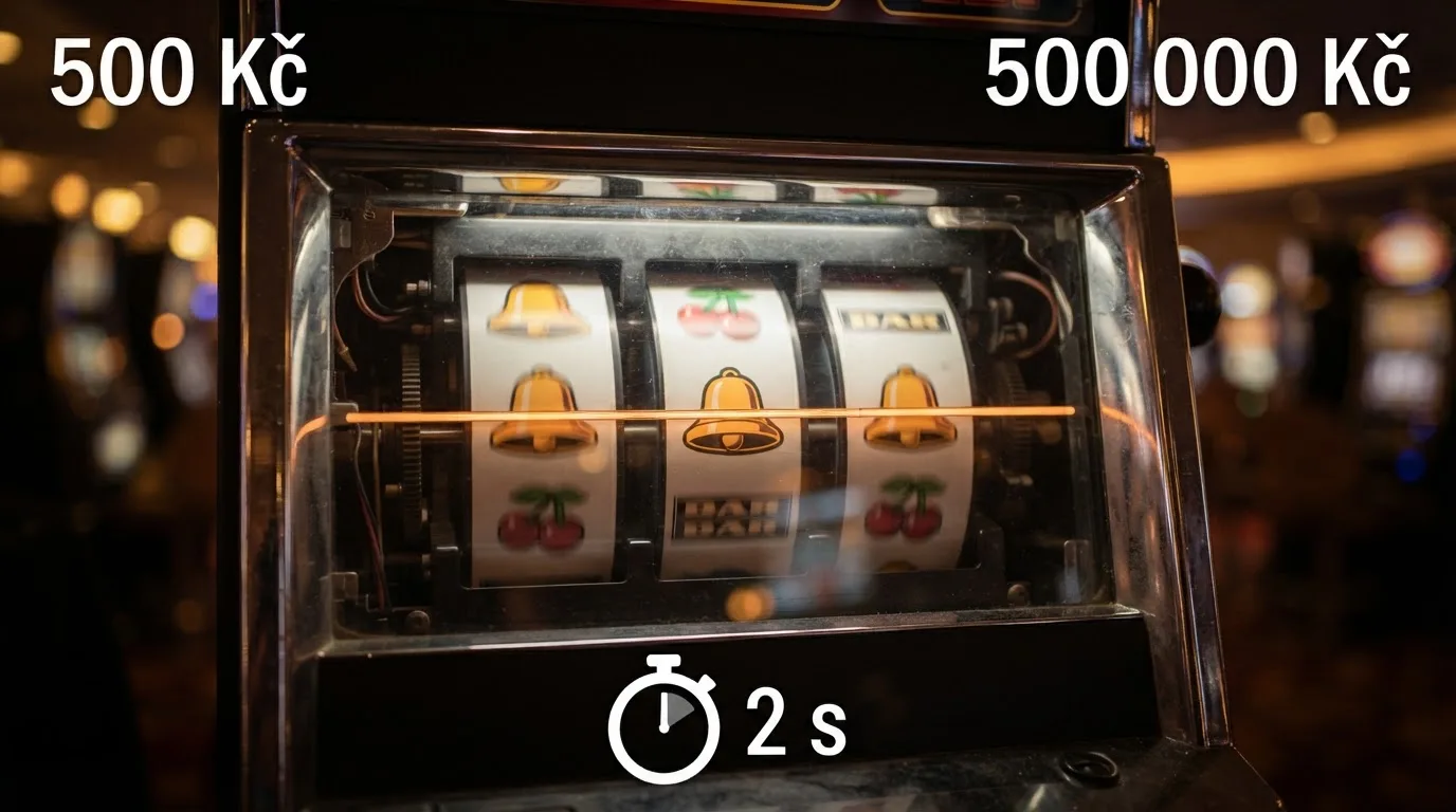 Detail rulety nebo automatu s grafickým překryvem znázorňujícím limity — číslo 500 Kč (max sázka), 500 000 Kč (max výhra) a stopky (2 sekundy na spin).