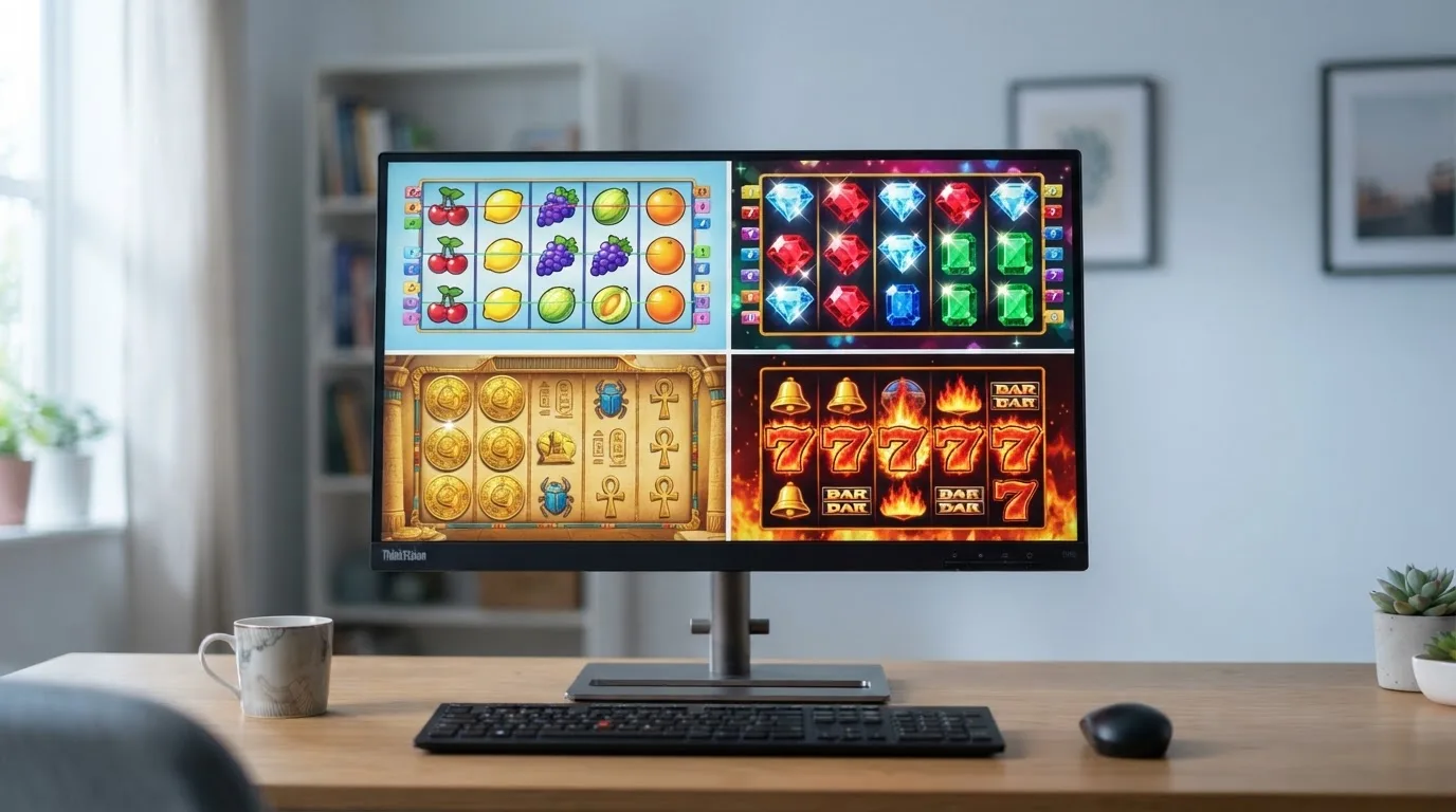 Výběr obrazovek online automatů od různých výrobců na displeji počítače