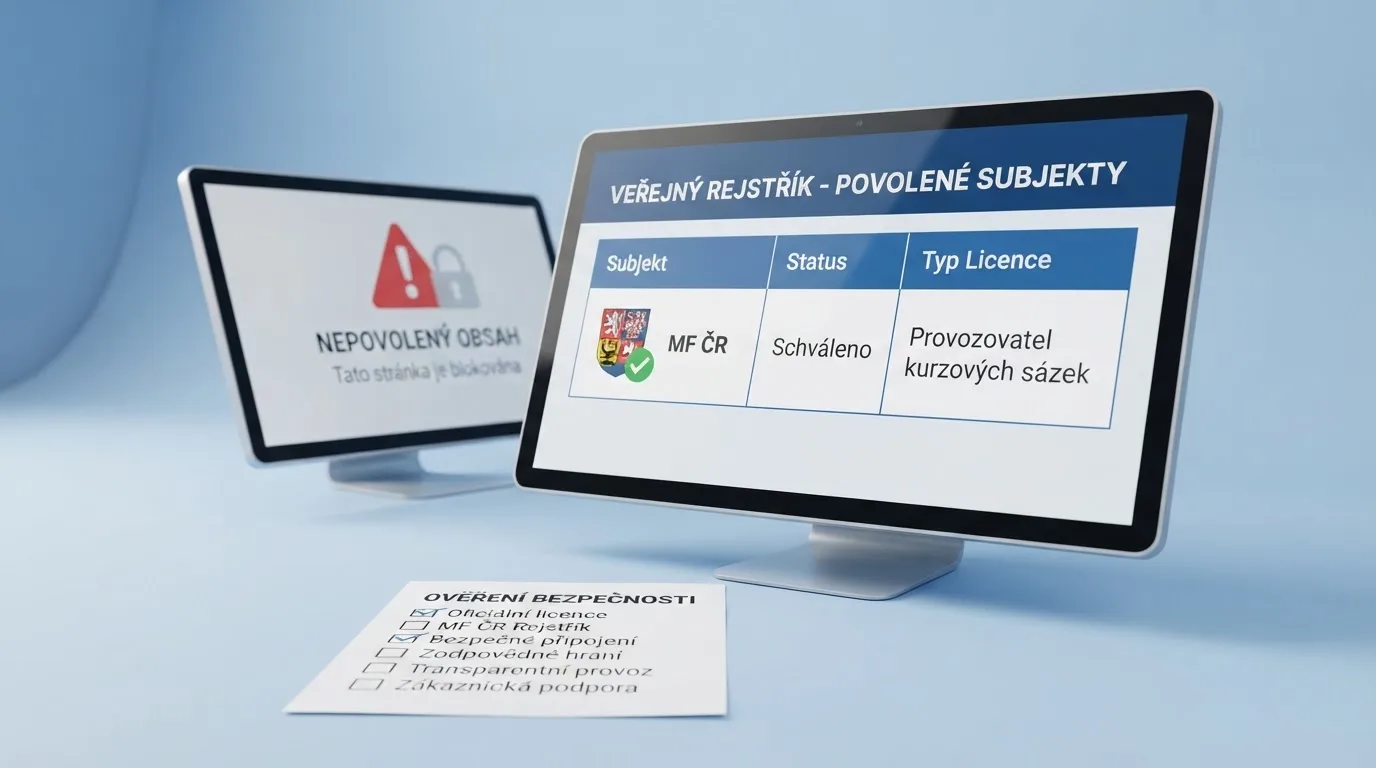 Obrazovka s veřejným seznamem legálních provozovatelů MF ČR a vedle ní varovně zvýrazněný web bez licence
