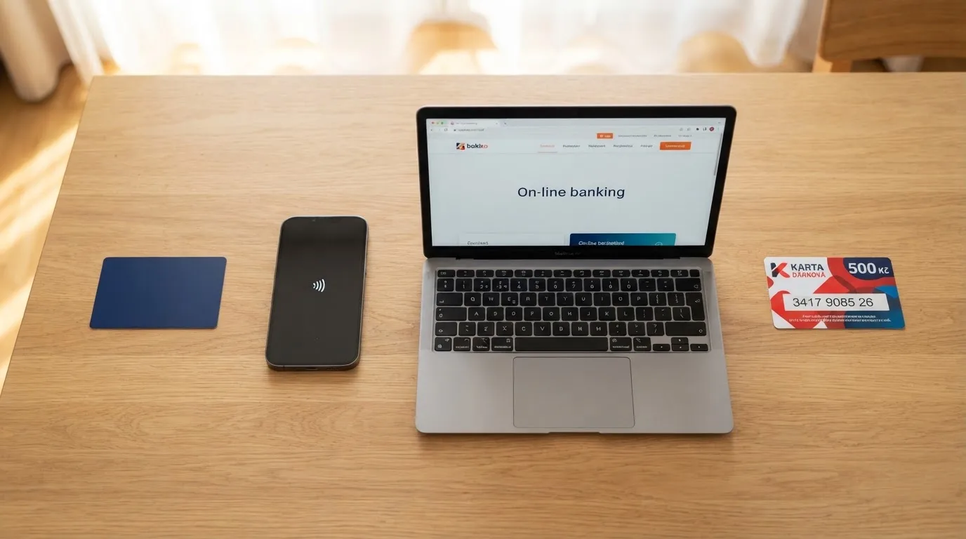 Platební karta, mobil s Apple Pay, bankovní převod na obrazovce notebooku a paysafecard voucher na stole