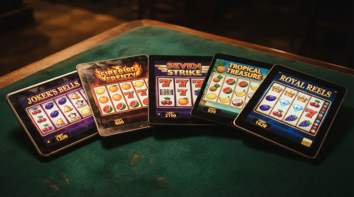 Koláž obrazovek pěti klasických automatů — Respin Joker 81, Firebird 27, Multiplay 81, Tutti Frutti a Super Joker 40