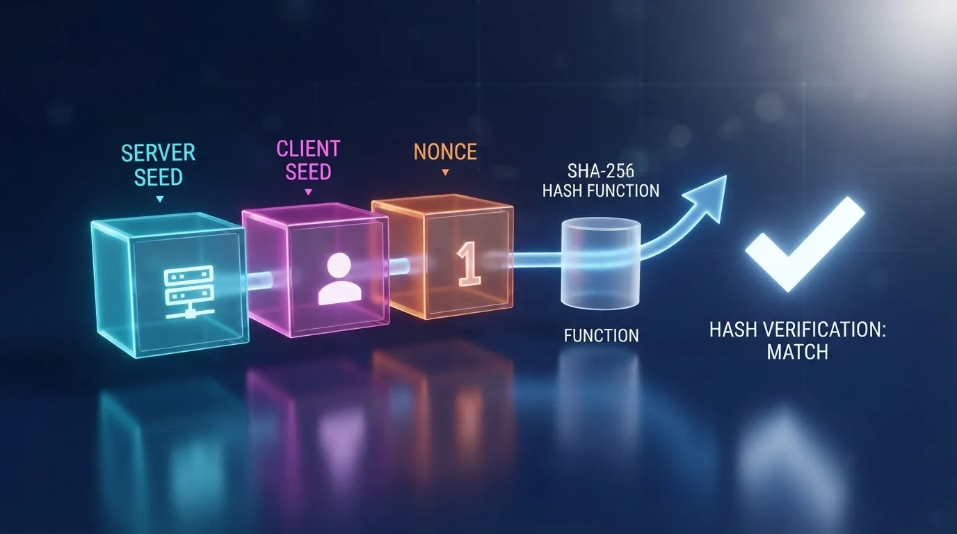 Schéma provably fair mechanismu se třemi prvky — server seed, client seed a nonce — a grafickým znázorněním hashování