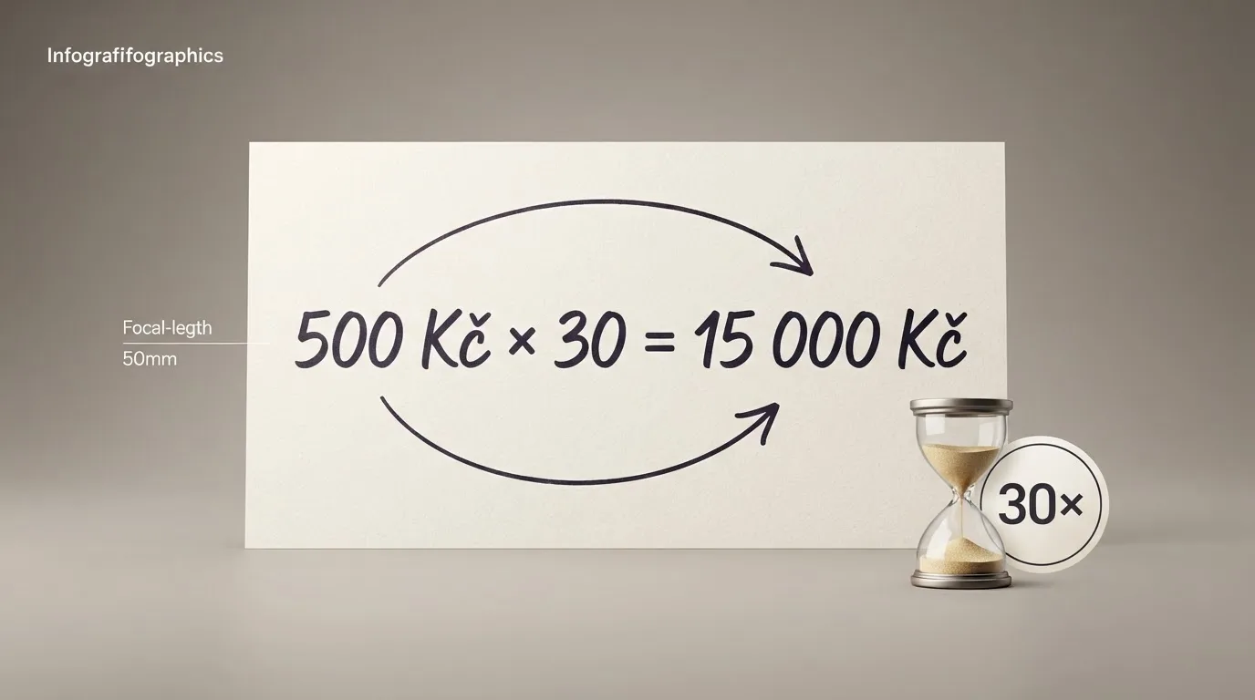 Infografika rozkládající výpočet protočení: bonus 500 Kč × wagering 30 = 15 000 Kč nutných sázek, vedle ikona přesýpacích hodin