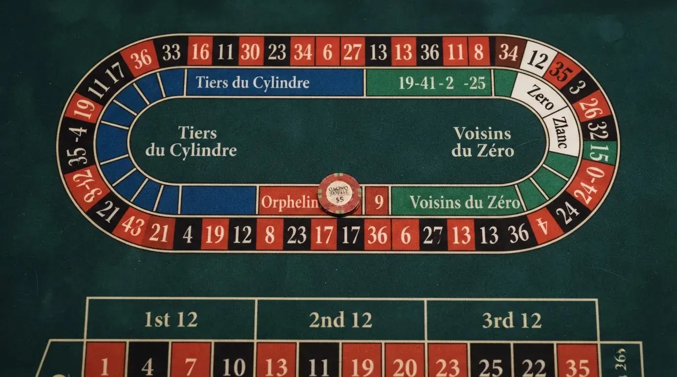Detail sázkového pole rulety včetně Racetracku se zvýrazněnými sektory Tier, Orphelins a Voisins