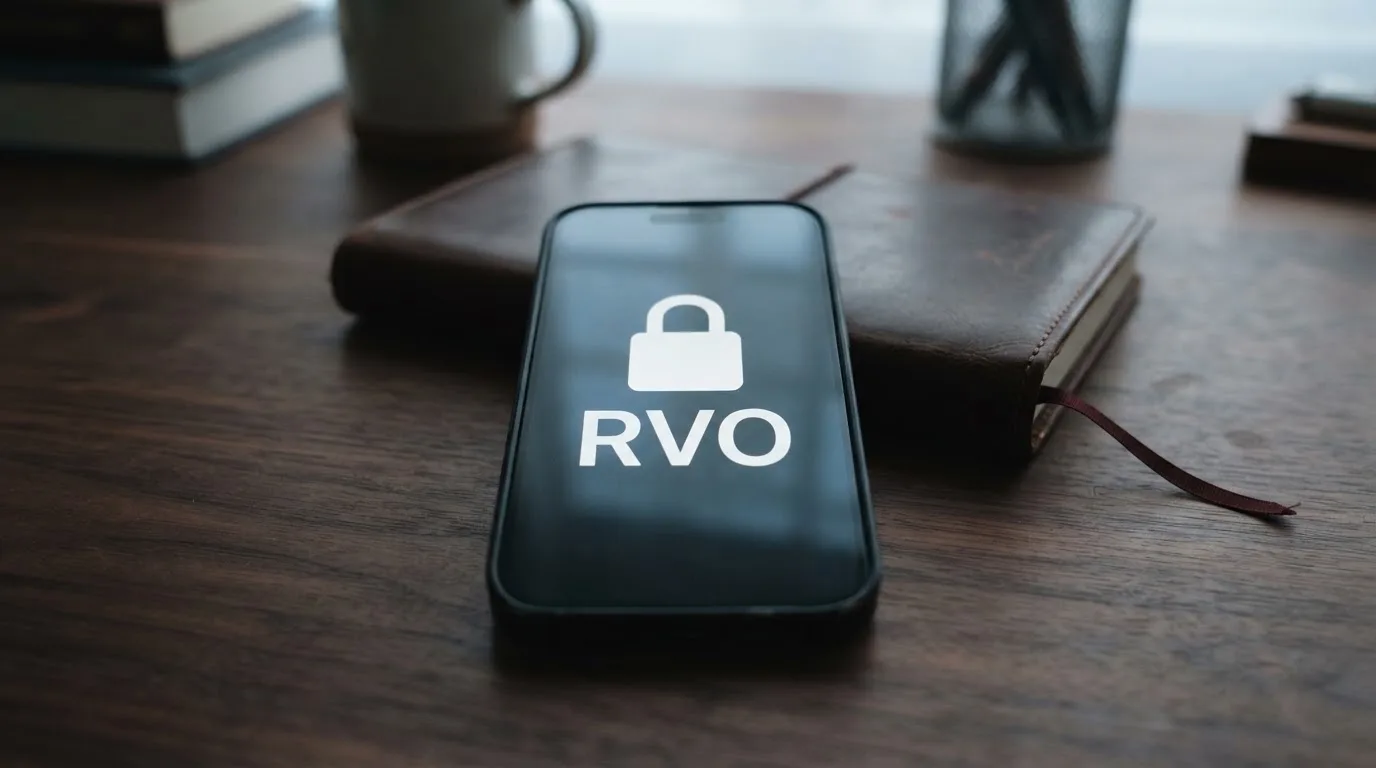 Symbolický zámek na displeji mobilního telefonu s nápisem RVO, v pozadí český úřední dokument