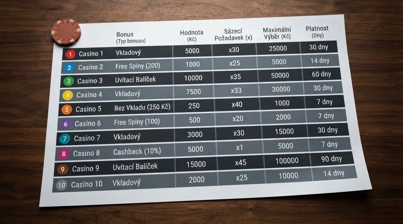 Srovnávací tabulka deseti českých online kasin s bonusy bez vkladu