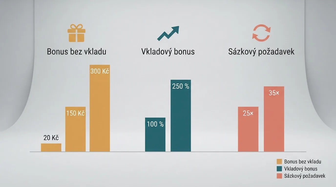 Infografika srovnávající tři klíčové parametry — bonus bez vkladu, výši vkladového bonusu a sázkový požadavek — napříč operátory