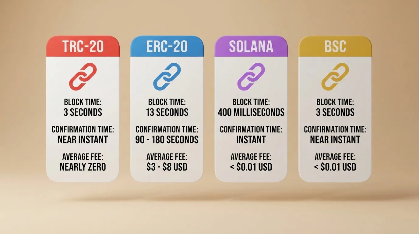 Vizuální srovnání čtyř blockchainových sítí pro USDT — TRC-20, ERC-20, Solana a BSC s vyznačením rychlosti a poplatků