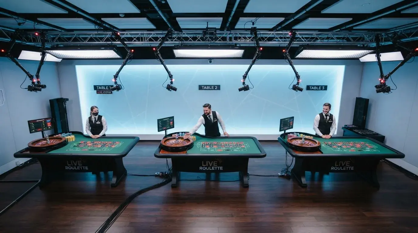 Interiér živého studia Evolution Gaming s ruletovými stoly a krupiéry za provozu