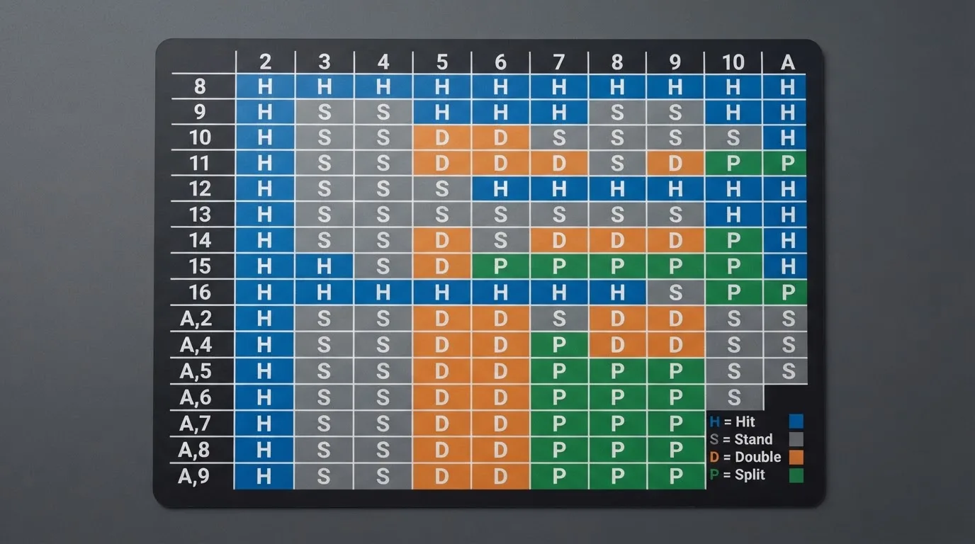 Barevně odlišená tabulka základní strategie blackjacku — řádky pro hodnotu ruky hráče, sloupce pro kartu krupiéra, pole označená H (hit), S (stand), D (double), P (split)