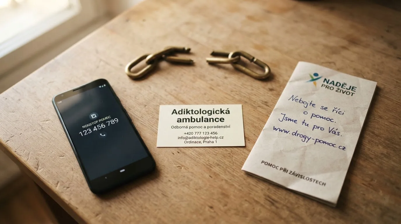 Česká linka pomoci na displeji telefonu, vedle vizitka adiktologické ambulance a leták Gamblers Anonymous — v pozadí symbol zlomeného řetězu jako metafora osvobození od závislosti.